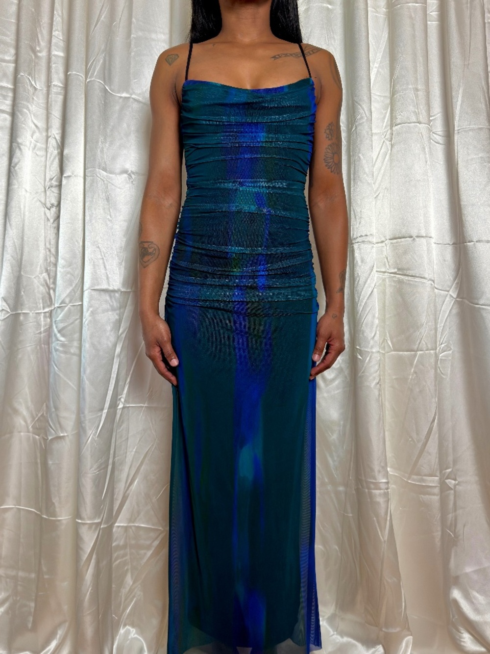 Zara Abstract Watercolor Ruched Mesh Maxi Corset Dress